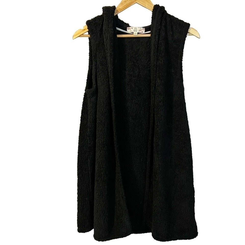 Pink Rose Black Goth Open Fuzzy Sherpa Hooded Vest S Minimalist Winter